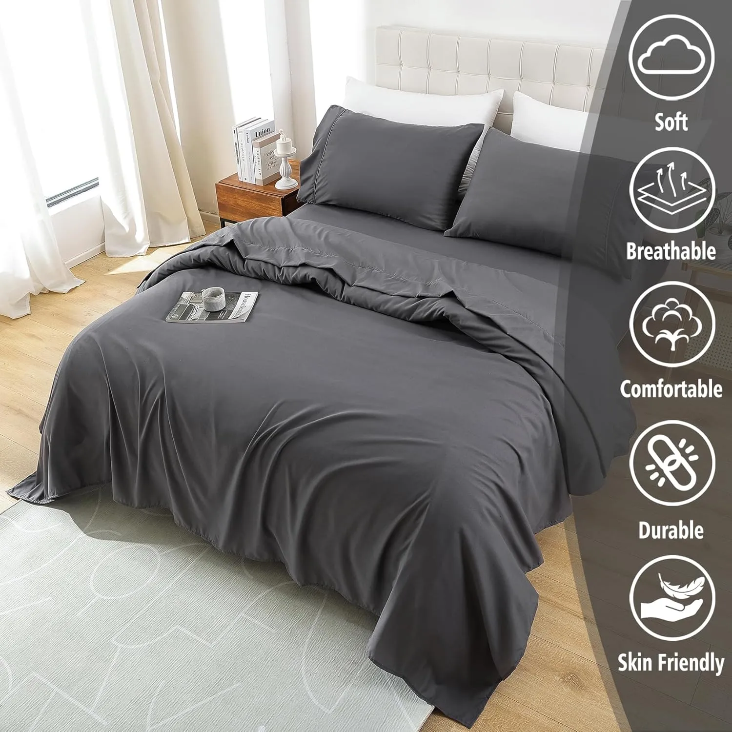 Twin Size Sheet Set - Luxury Soft Comfy Bed Sheets, Breathable Cooling Hotel Bedding for Women, Men, Teens, Extra Deep Pocket, Easy-Fit, Oeko-Tex, Wrinkle Free 3 Piece - Dark Grey