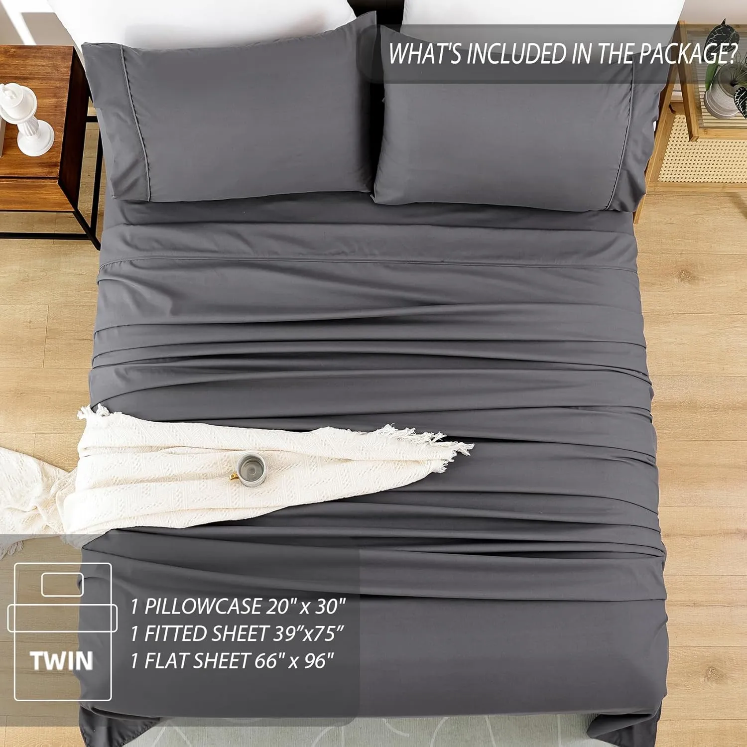 Twin Size Sheet Set - Luxury Soft Comfy Bed Sheets, Breathable Cooling Hotel Bedding for Women, Men, Teens, Extra Deep Pocket, Easy-Fit, Oeko-Tex, Wrinkle Free 3 Piece - Dark Grey