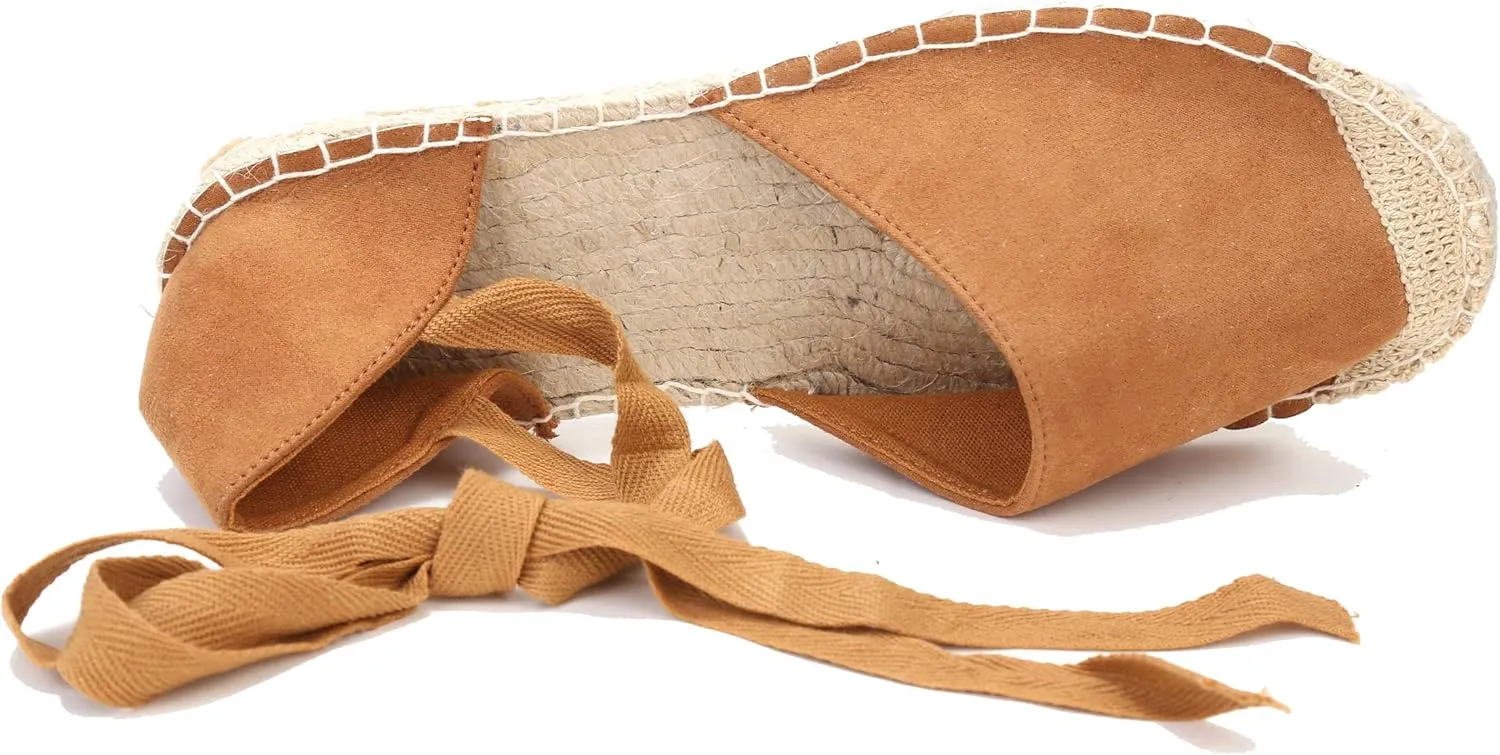 U-lite Women's Suede Cap-Toe Tie-up Ankle Strap Espadrille Flat Sandals