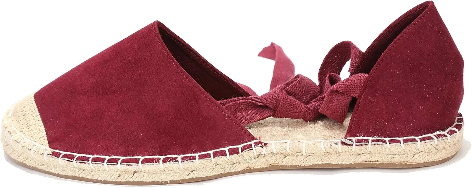 U-lite Women's Suede Cap-Toe Tie-up Ankle Strap Espadrille Flat Sandals