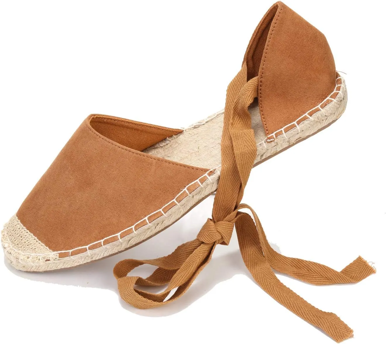 U-lite Women's Suede Cap-Toe Tie-up Ankle Strap Espadrille Flat Sandals