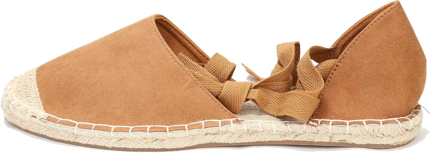 U-lite Women's Suede Cap-Toe Tie-up Ankle Strap Espadrille Flat Sandals