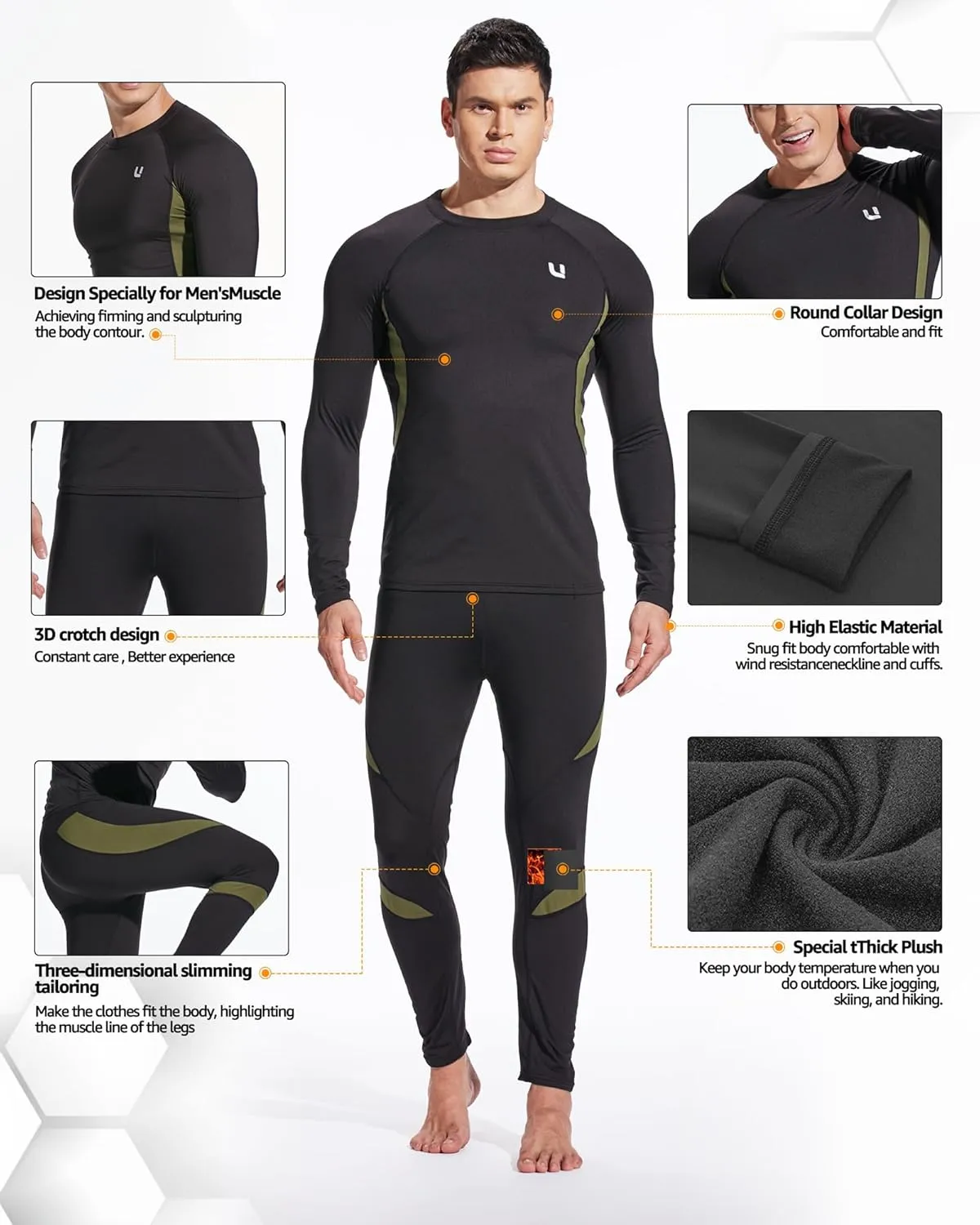 UNIQUEBELLA Men's Thermal Underwear Sets Top & Long Johns Fleece Sweat Quick Drying Thermo Base Layer