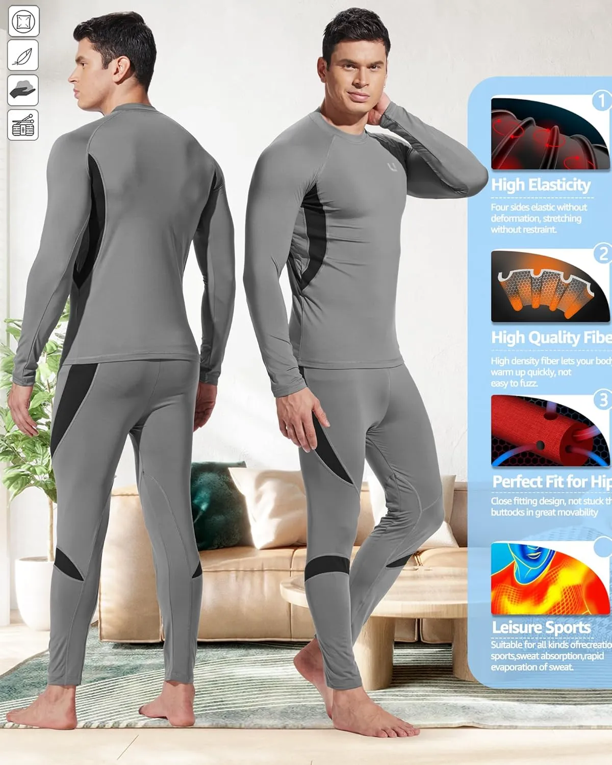 UNIQUEBELLA Men's Thermal Underwear Sets Top & Long Johns Fleece Sweat Quick Drying Thermo Base Layer