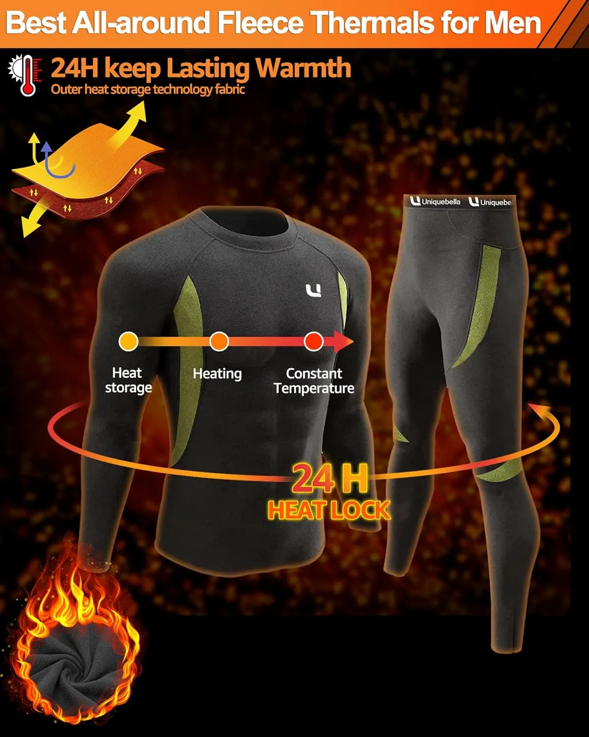 UNIQUEBELLA Men's Thermal Underwear Sets Top & Long Johns Fleece Sweat Quick Drying Thermo Base Layer