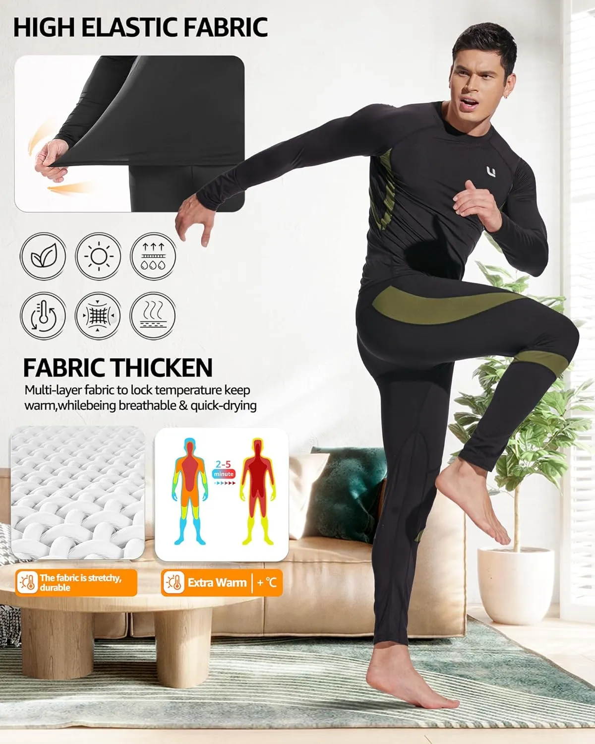 UNIQUEBELLA Men's Thermal Underwear Sets Top & Long Johns Fleece Sweat Quick Drying Thermo Base Layer