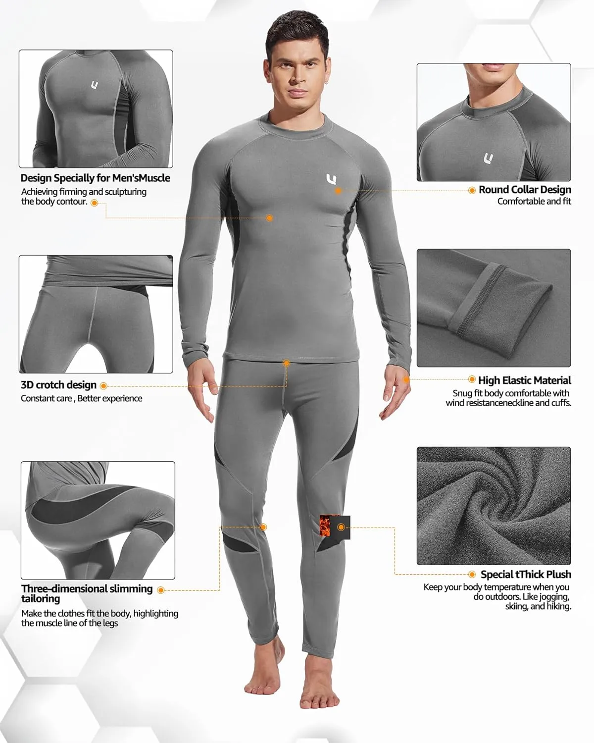 UNIQUEBELLA Men's Thermal Underwear Sets Top & Long Johns Fleece Sweat Quick Drying Thermo Base Layer