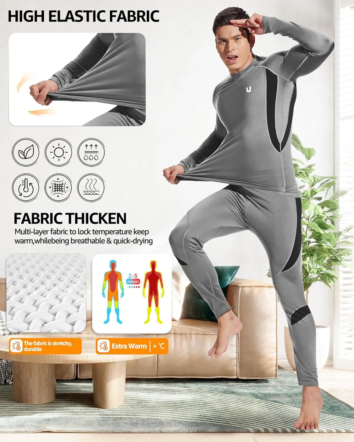 UNIQUEBELLA Men's Thermal Underwear Sets Top & Long Johns Fleece Sweat Quick Drying Thermo Base Layer
