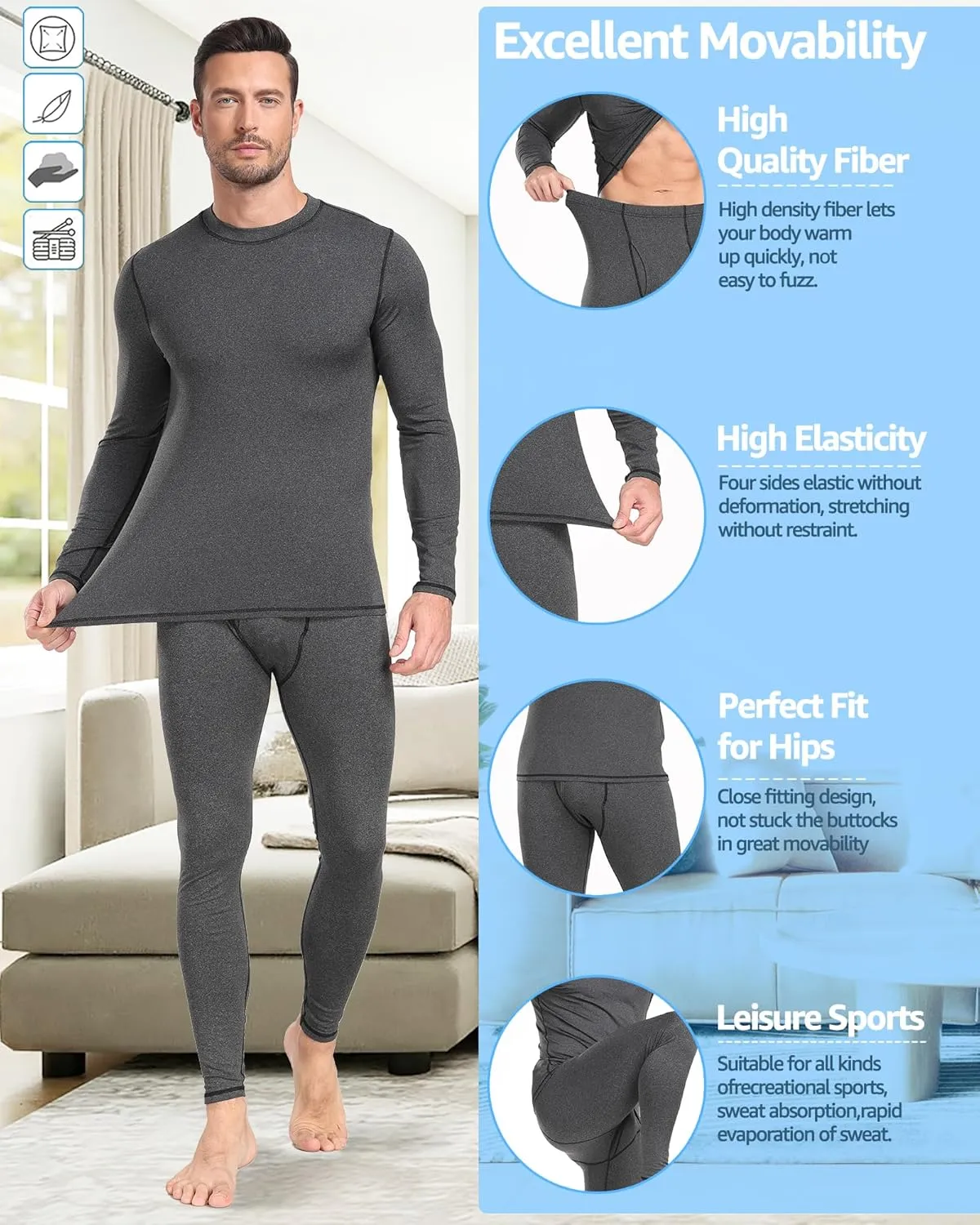 UNIQUEBLLA Long Johns Thermal Underwear Set for Men Thermal Base Layer Cold Weather Bottom Top
