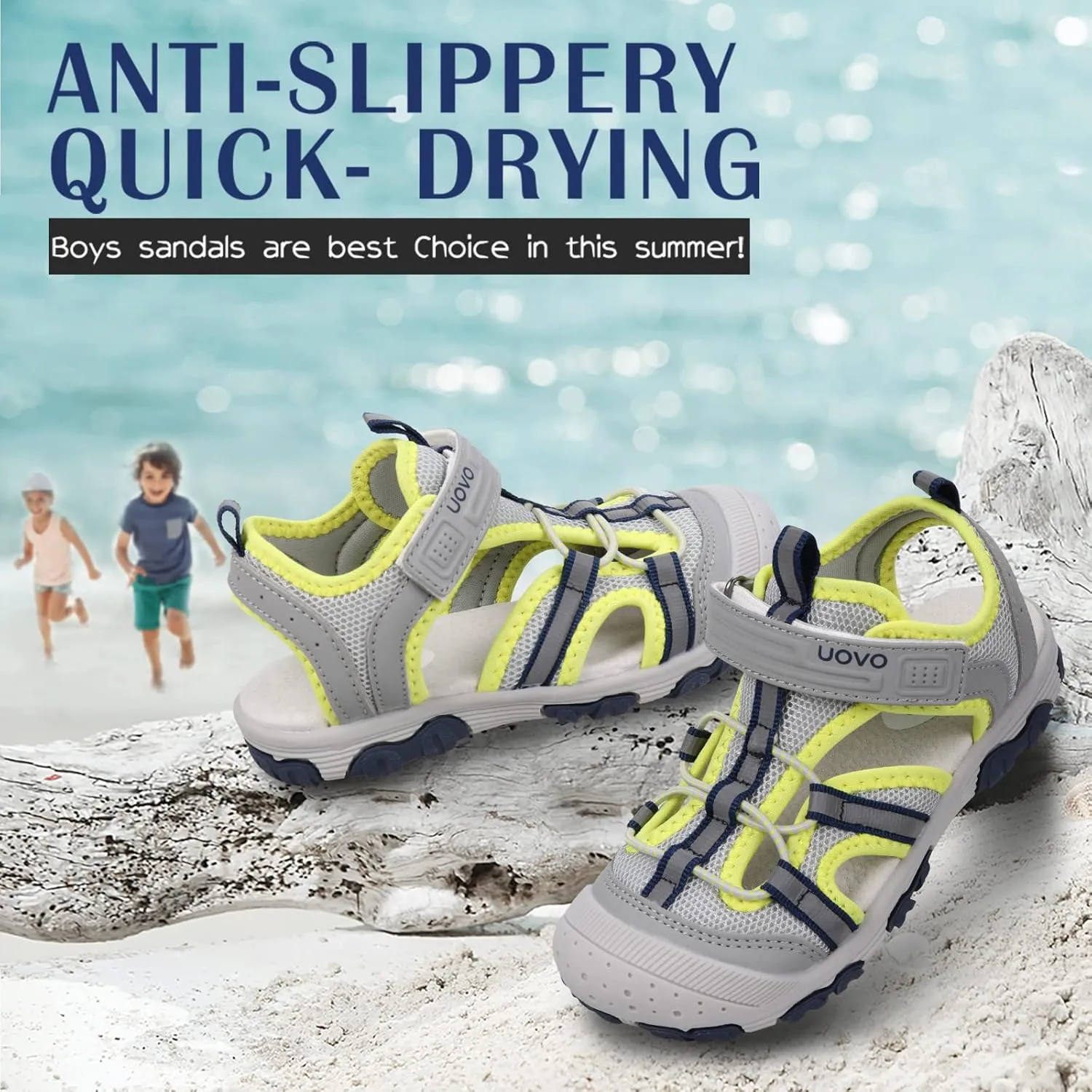 UOVO Boys Sandals Kids Sandals Hiking Athletic Closed-Toe Beach Summer Sandals for Boys Quick-Drying Slip Resistant
