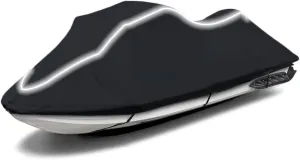 Upgraded Fade and Crack Resistant Trailerable Jet Ski Cover, Heavy-Duty Waterproof and UV Protection PWC Cover,Jetski Watercraft Cover with Reflective Strips Black Fits from 116"-125"(2 Seater)