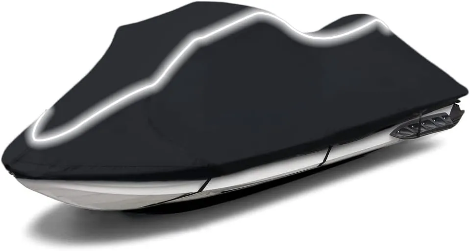 Upgraded Fade and Crack Resistant Trailerable Jet Ski Cover, Heavy-Duty Waterproof and UV Protection PWC Cover,Jetski Watercraft Cover with Reflective Strips Black Fits from 116"-125"(2 Seater)