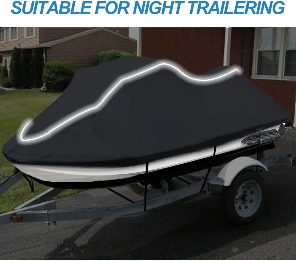 Upgraded Fade and Crack Resistant Trailerable Jet Ski Cover, Heavy-Duty Waterproof and UV Protection PWC Cover,Jetski Watercraft Cover with Reflective Strips Black Fits from 116"-125"(2 Seater)