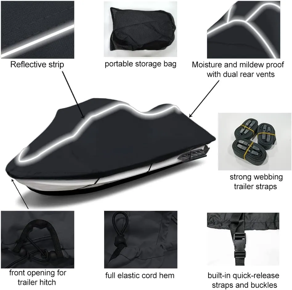 Upgraded Fade and Crack Resistant Trailerable Jet Ski Cover, Heavy-Duty Waterproof and UV Protection PWC Cover,Jetski Watercraft Cover with Reflective Strips Black Fits from 116"-125"(2 Seater)