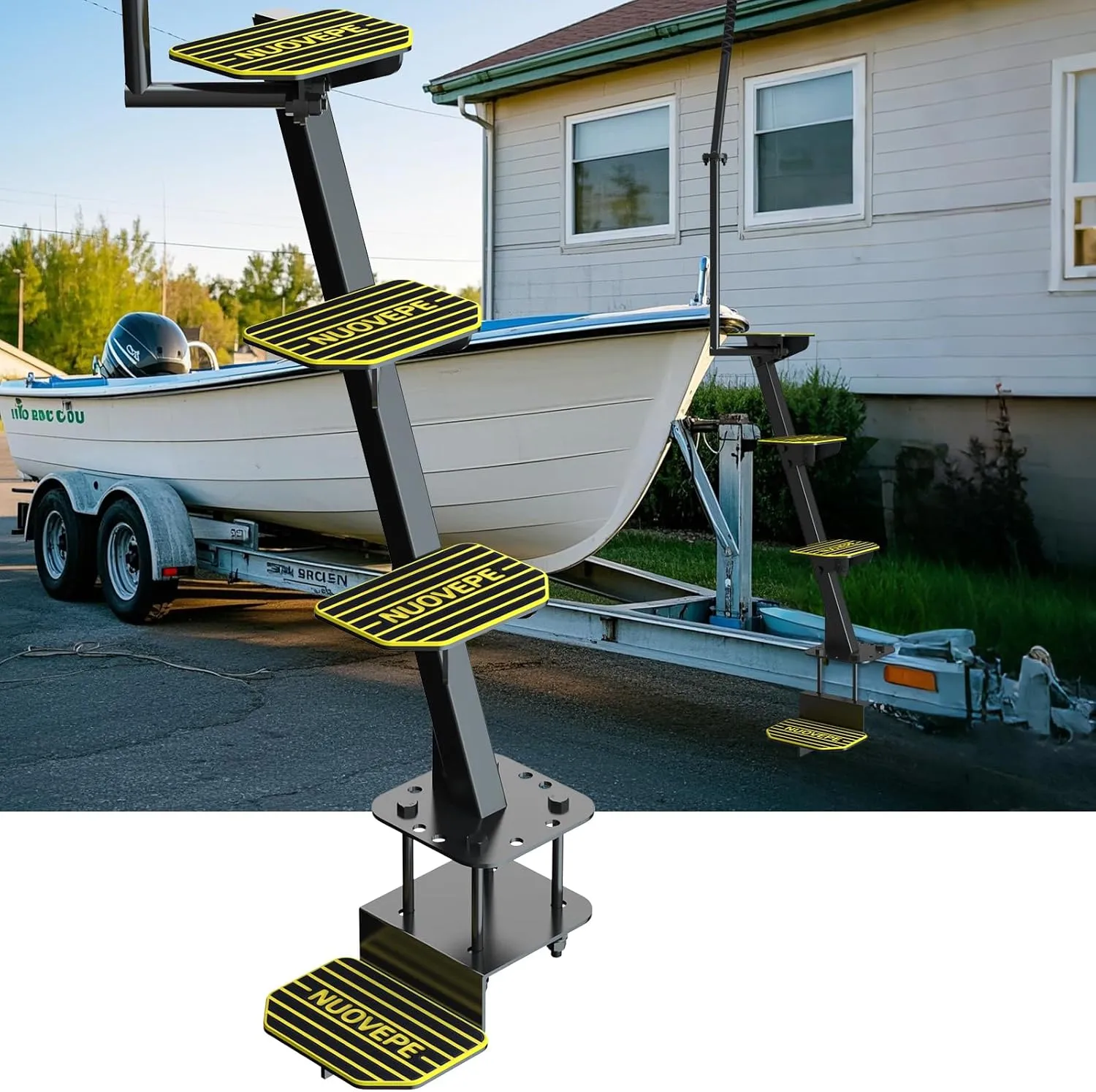 Upgraded Heavy Duty Boat Trailer Steps – 4 Step Tongue Ladder with Safety Handle, 500 lbs Capacity, EVA Anti-Slip Mat, Anti-Rust & Corrosion-Resistant, Universal Fit for Bass & Pontoon Boats