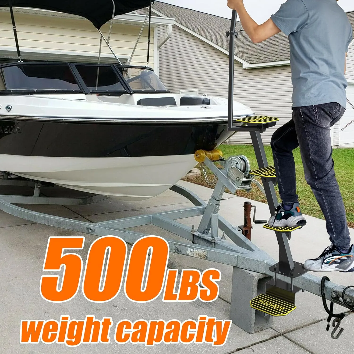Upgraded Heavy Duty Boat Trailer Steps – 4 Step Tongue Ladder with Safety Handle, 500 lbs Capacity, EVA Anti-Slip Mat, Anti-Rust & Corrosion-Resistant, Universal Fit for Bass & Pontoon Boats