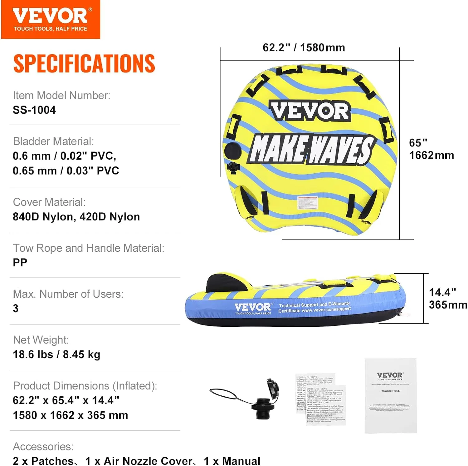 VEVOR Towable Tube for Boating, 1-4 Riders Inflatable Towable Tubes with Deck Seats and Backrest, 340/510/680 lbs Water Sport Tube,Full Nylon Cover, EVA Grab Handles and Speed Safety Valve