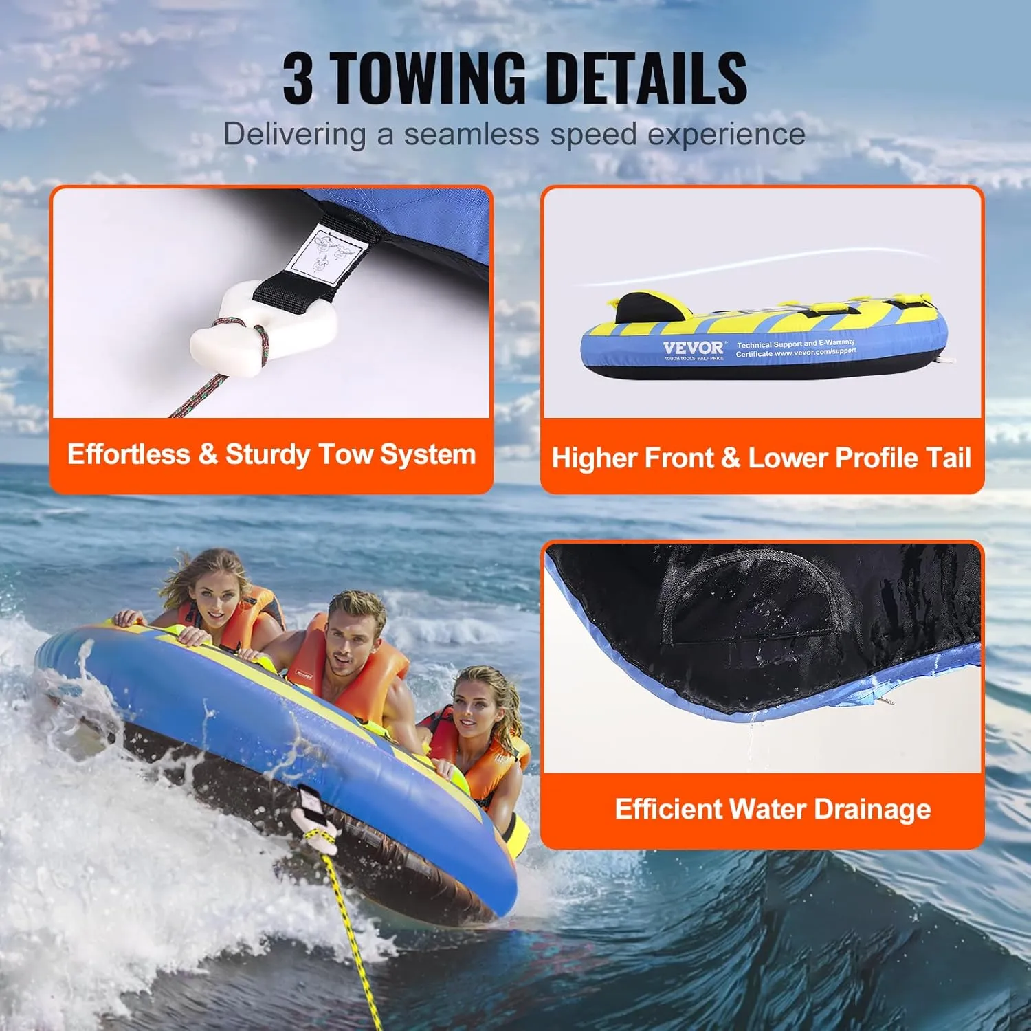 VEVOR Towable Tube for Boating, 1-4 Riders Inflatable Towable Tubes with Deck Seats and Backrest, 340/510/680 lbs Water Sport Tube,Full Nylon Cover, EVA Grab Handles and Speed Safety Valve