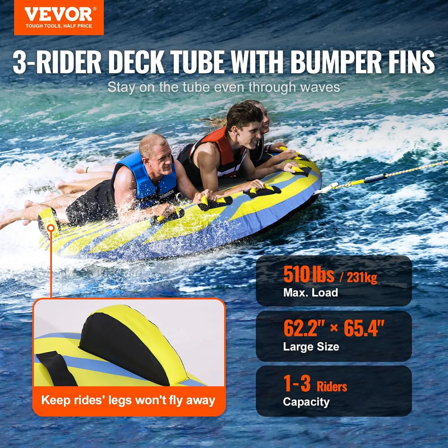 VEVOR Towable Tube for Boating, 1-4 Riders Inflatable Towable Tubes with Deck Seats and Backrest, 340/510/680 lbs Water Sport Tube,Full Nylon Cover, EVA Grab Handles and Speed Safety Valve