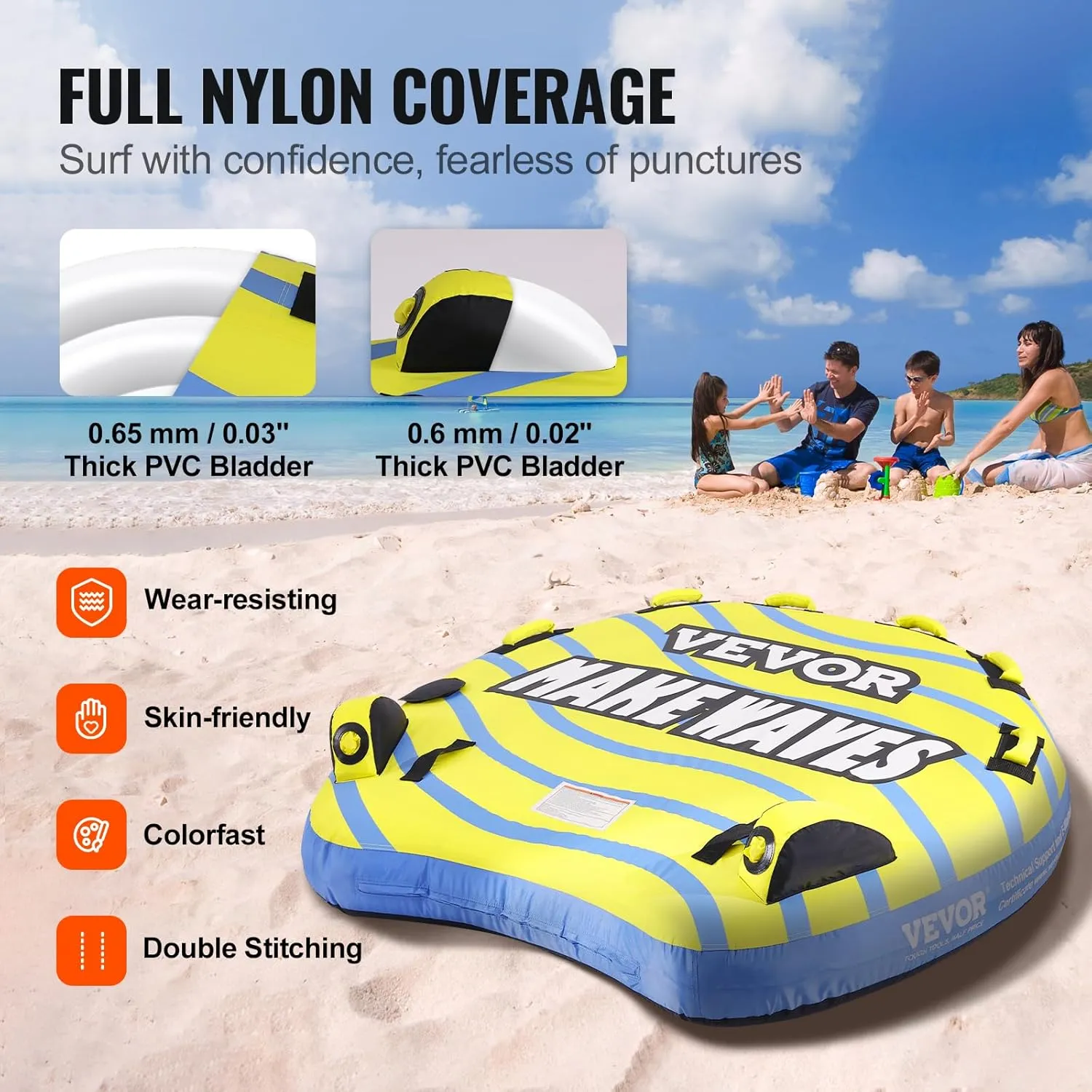 VEVOR Towable Tube for Boating, 1-4 Riders Inflatable Towable Tubes with Deck Seats and Backrest, 340/510/680 lbs Water Sport Tube,Full Nylon Cover, EVA Grab Handles and Speed Safety Valve