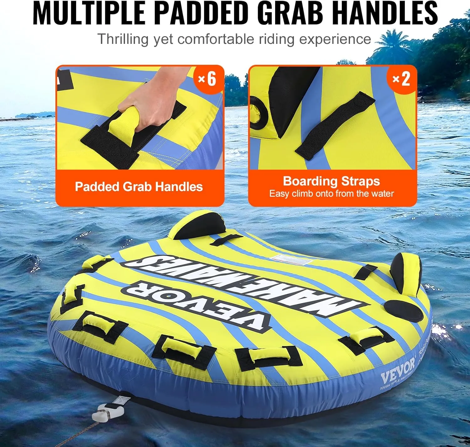 VEVOR Towable Tube for Boating, 1-4 Riders Inflatable Towable Tubes with Deck Seats and Backrest, 340/510/680 lbs Water Sport Tube,Full Nylon Cover, EVA Grab Handles and Speed Safety Valve