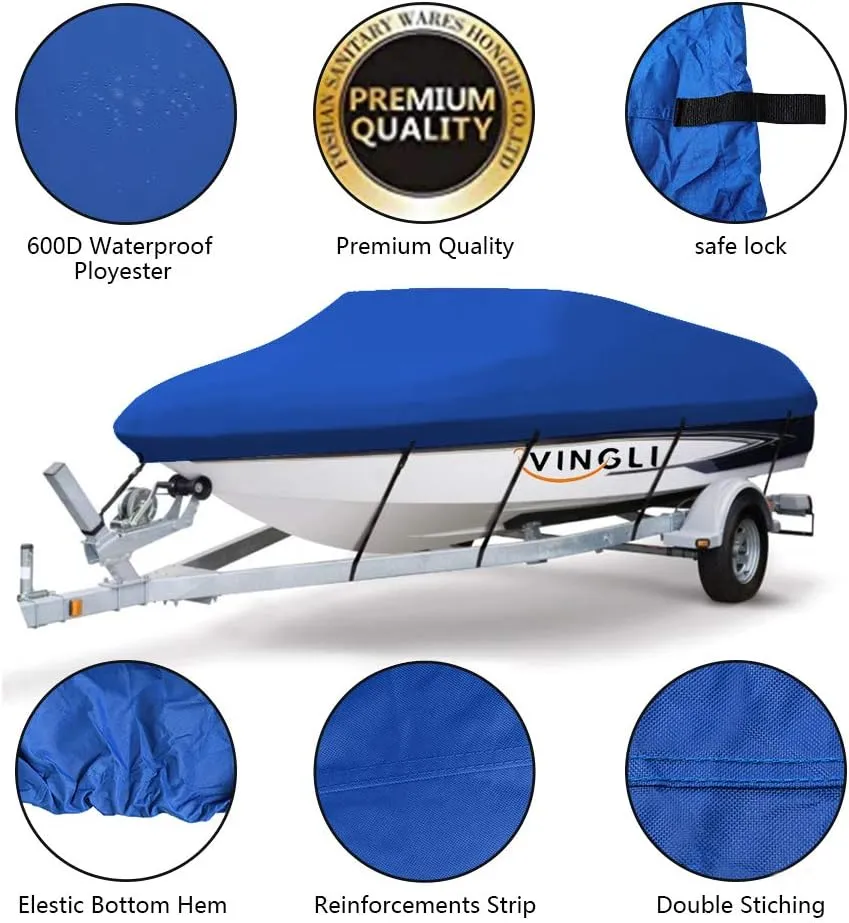 VINGLI Boat Covers 17-19ft Heavy Duty 600D Polyester Waterproof UV Resistant Marine Grade, Durable and Tear Proof, Tri-Hull Fishing Ski Pro-Style Bass Boats - Blue