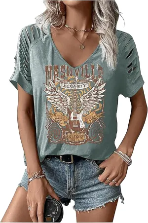 Vintage Rock and Roll T Shirts for Women Casual Country Music Tshirts Funny Summer Rock Band Concert Shirt Top