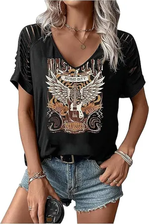 Vintage Rock and Roll T Shirts for Women Casual Country Music Tshirts Funny Summer Rock Band Concert Shirt Top