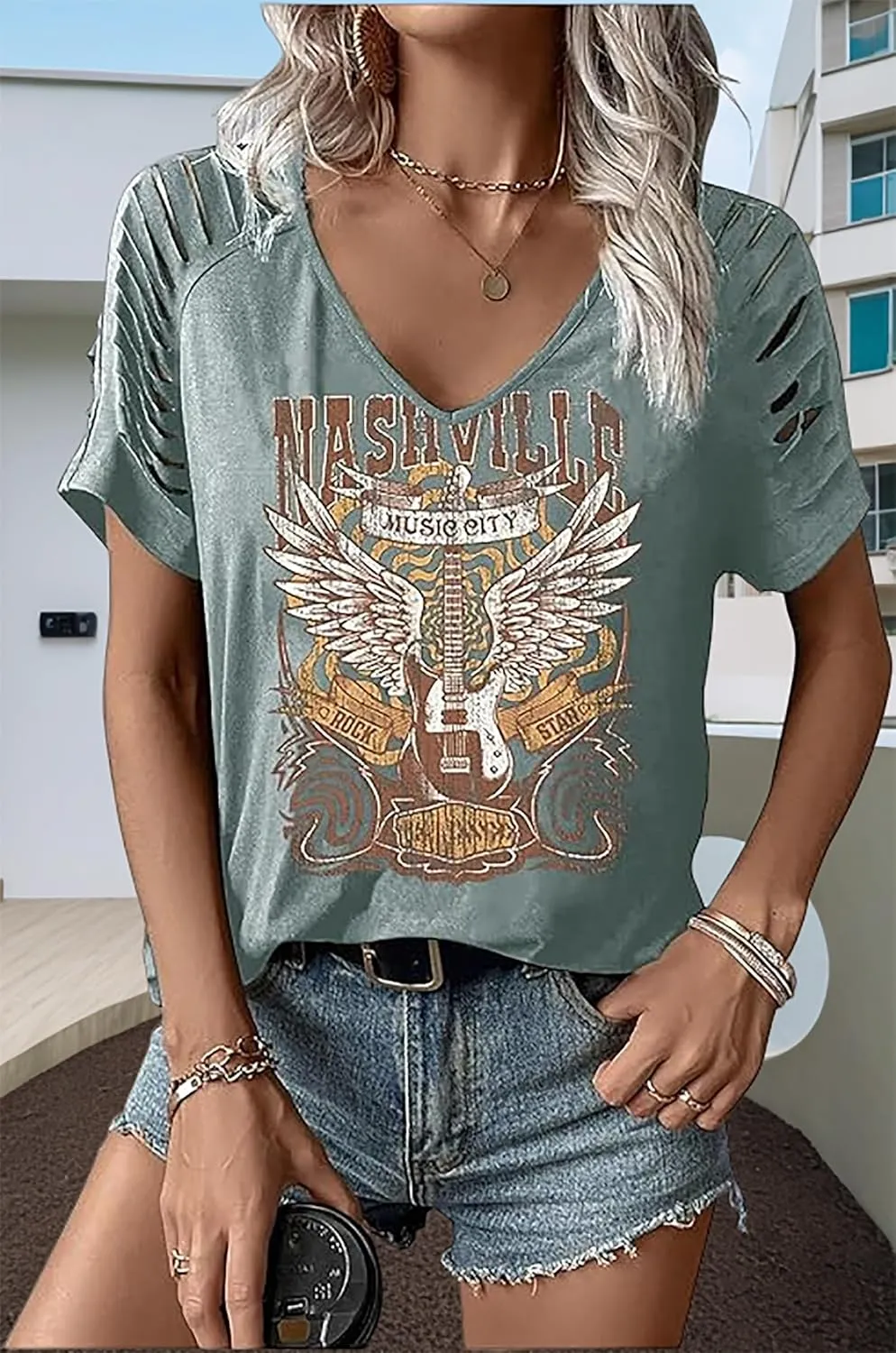 Vintage Rock and Roll T Shirts for Women Casual Country Music Tshirts Funny Summer Rock Band Concert Shirt Top