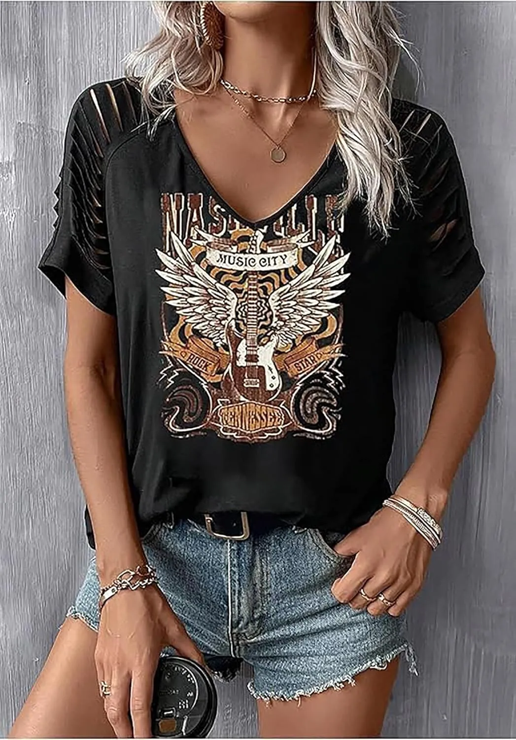 Vintage Rock and Roll T Shirts for Women Casual Country Music Tshirts Funny Summer Rock Band Concert Shirt Top