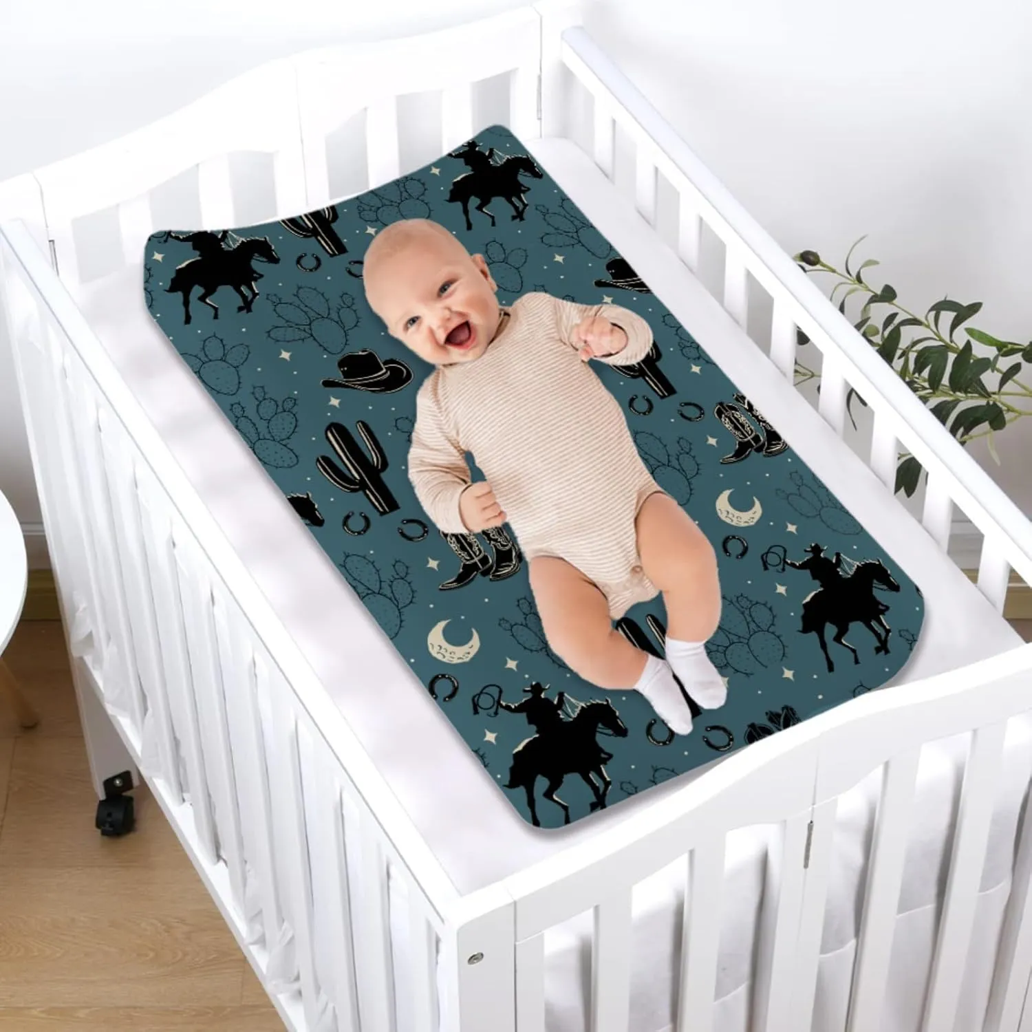 Vintage Western Cowboy Baby Changing Pad Covers Cowboy Horse Boots Hat Cactus Moon Baby Diaper Changing Table Sheets for Boys Wild Plants Soft Breathable Stretchy Nursery Change Table Mats 32''x16''