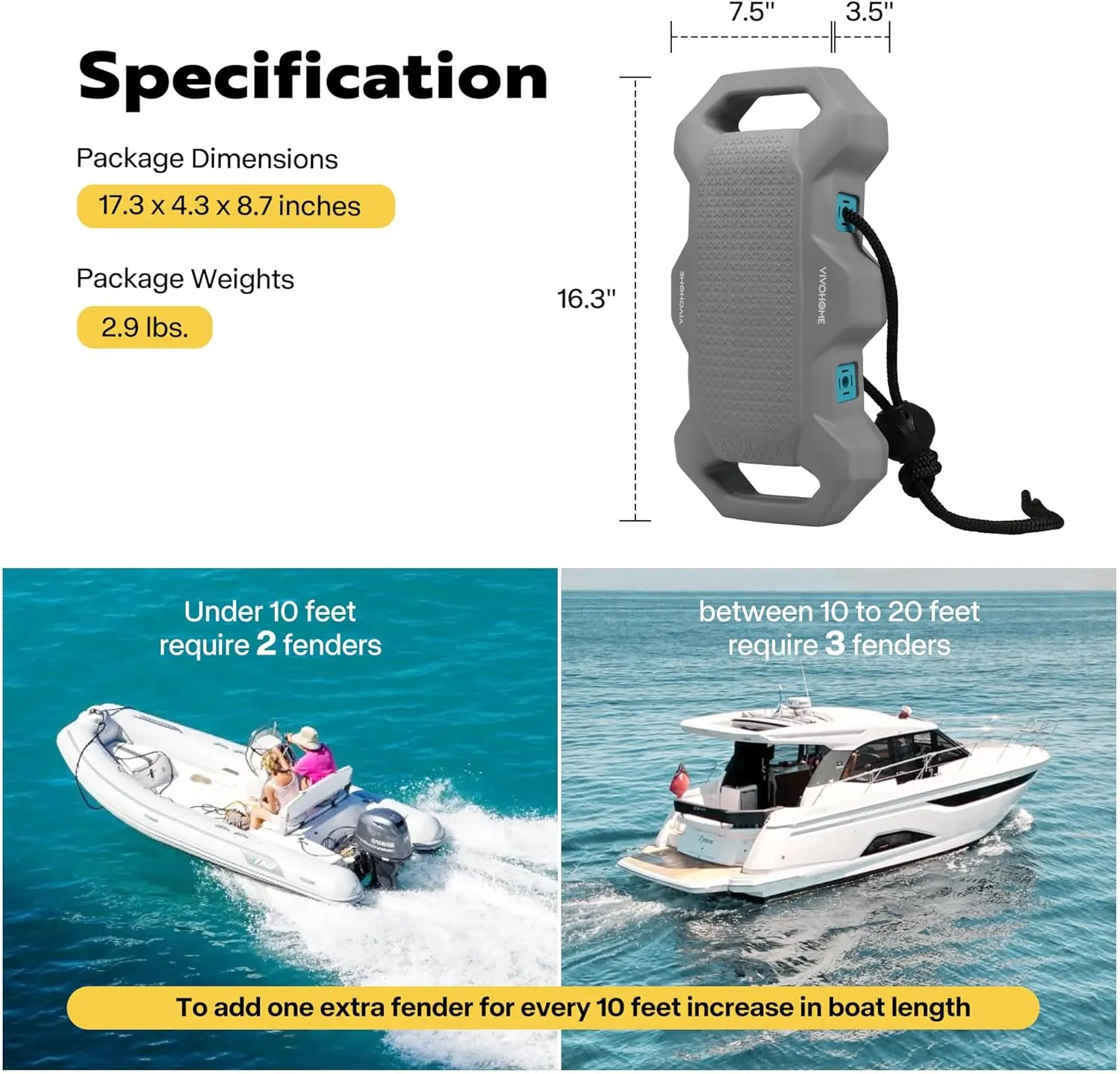 VIVOHOME EVA Boat Fenders for Docking, Boat Bumpers with Nylon Rope, and Fixed Lock Fit for Yachts, Sailing Dinghies, Bass Boats