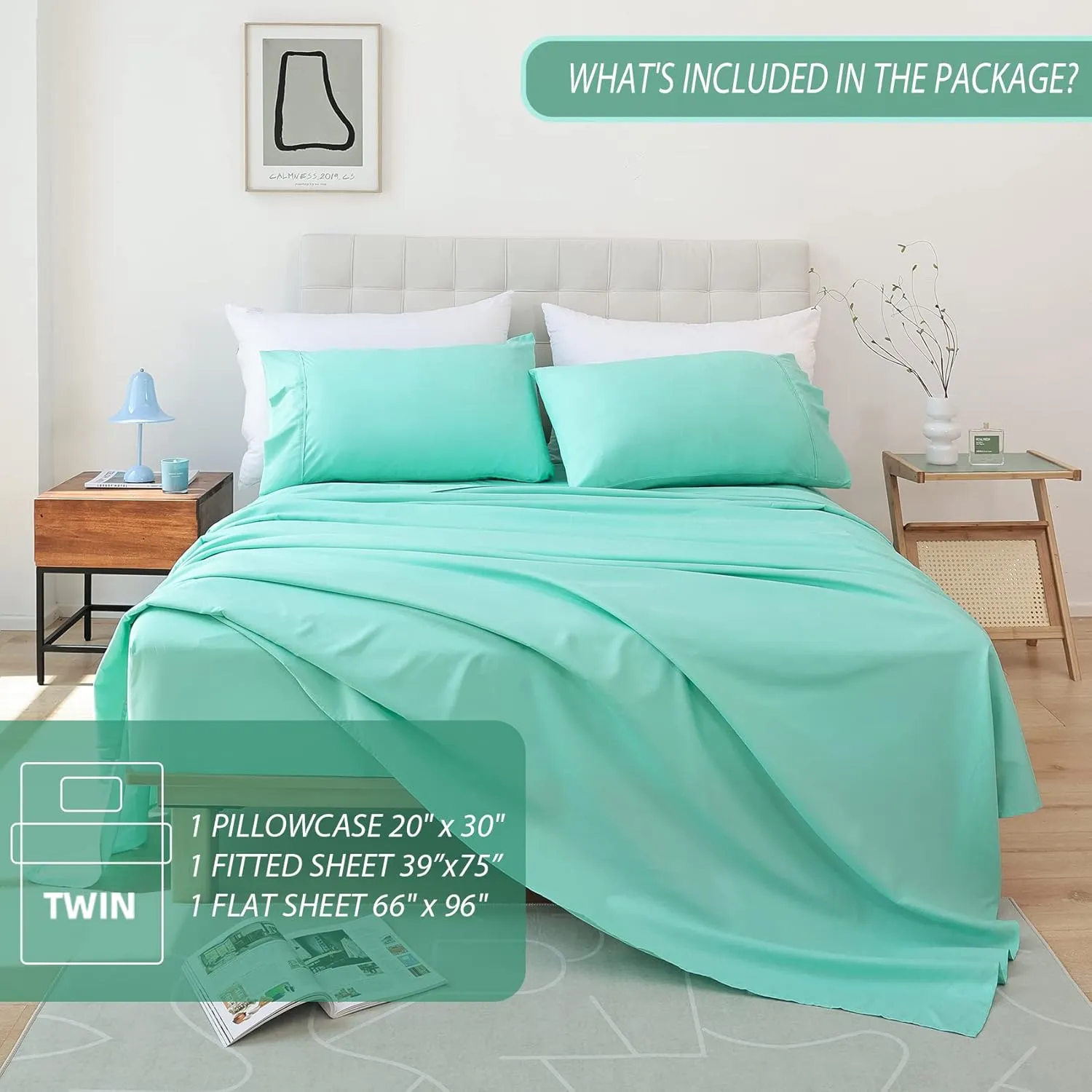 Whitney Home Textile Twin Size Sheet Set - Luxury Soft Comfy Bed Sheets, Breathable Cooling Hotel Bedding for Women, Men, Teens, Extra Deep Pocket, Easy-Fit, Oeko-Tex, Wrinkle Free 3 Piece - Aqua