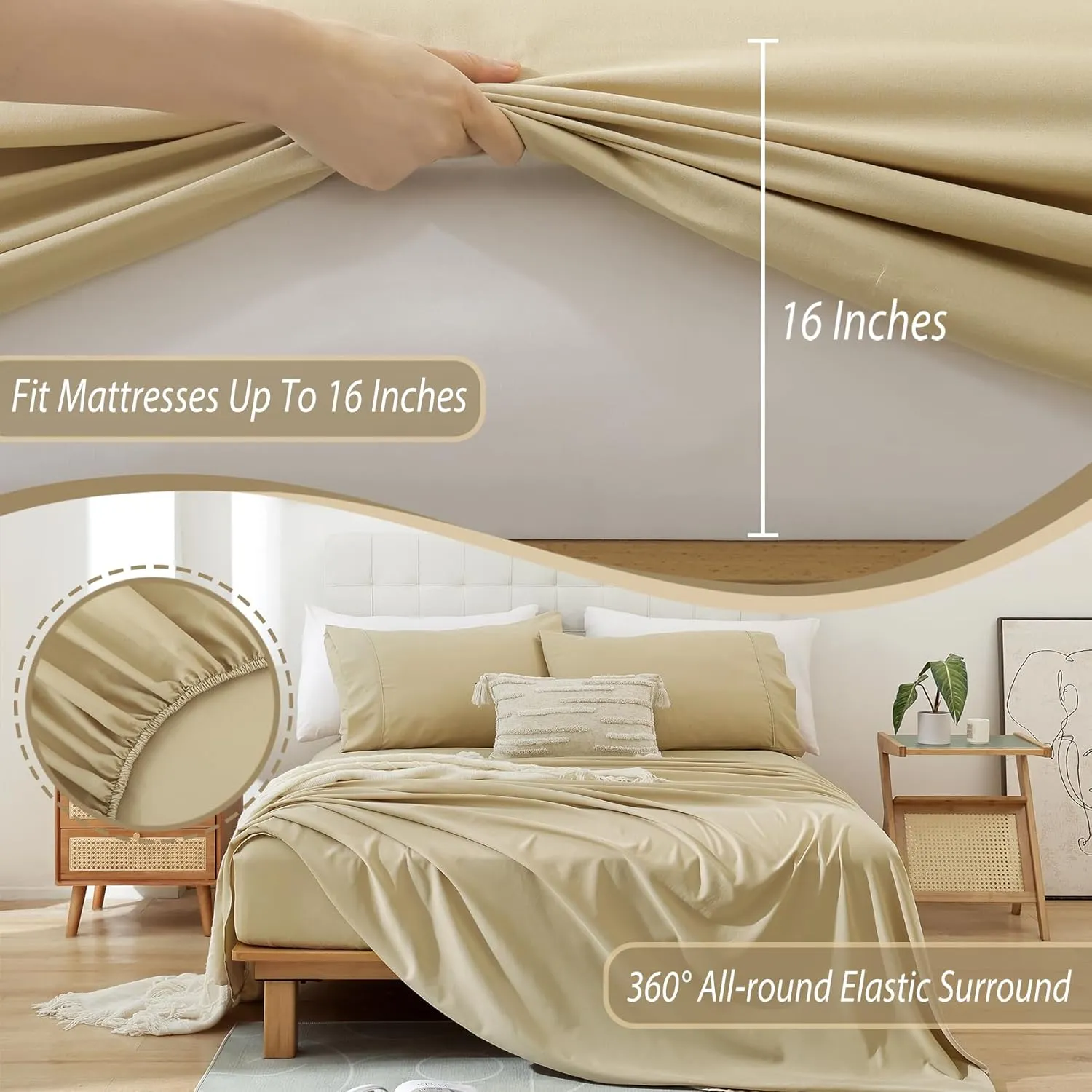 Whitney Home Textile Twin Size Sheet Set - Luxury Soft Comfy Bed Sheets, Breathable Cooling Hotel Bedding for Women, Men, Teens, Extra Deep Pocket, Easy-Fit, Oeko-Tex, Wrinkle Free 3 Piece - Beige