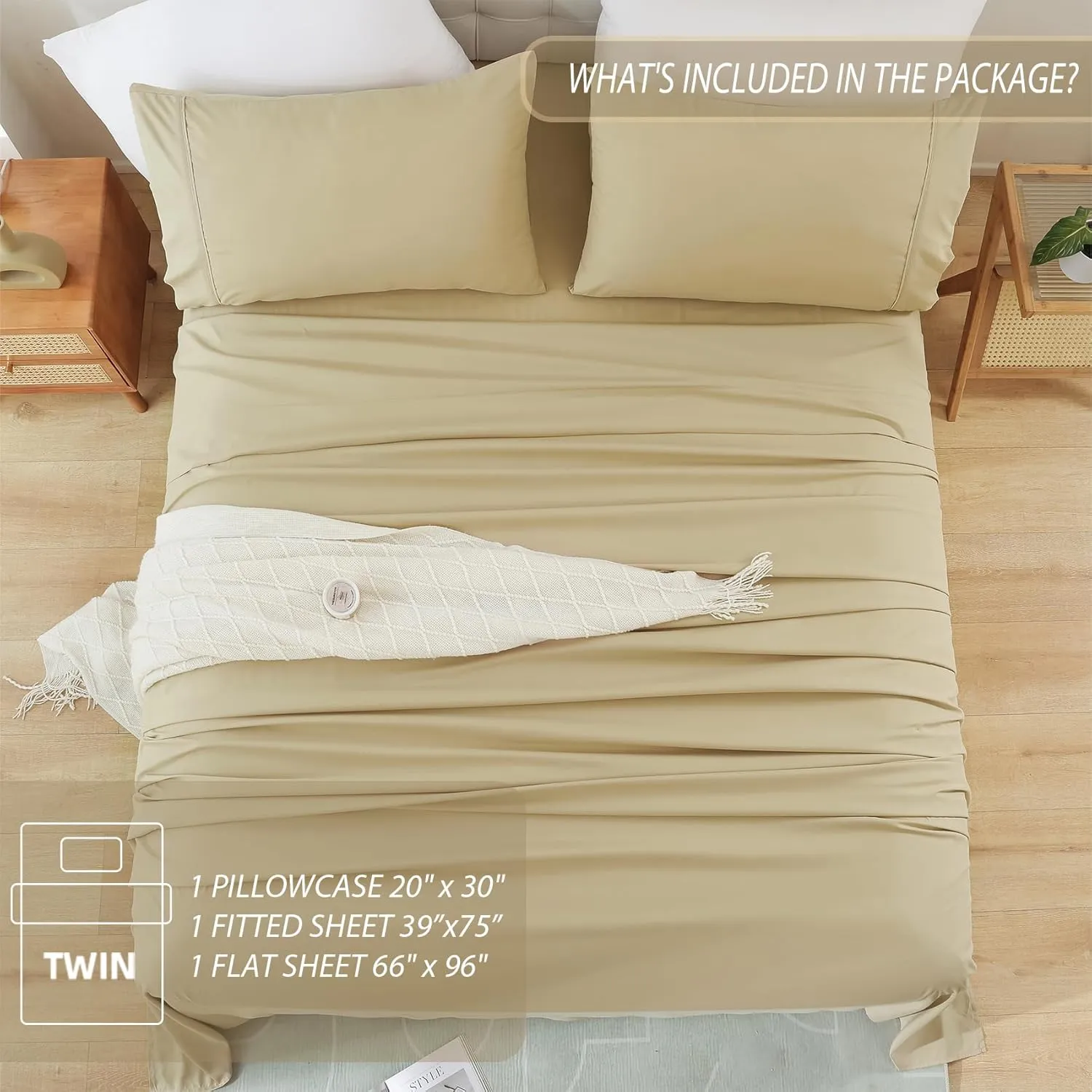 Whitney Home Textile Twin Size Sheet Set - Luxury Soft Comfy Bed Sheets, Breathable Cooling Hotel Bedding for Women, Men, Teens, Extra Deep Pocket, Easy-Fit, Oeko-Tex, Wrinkle Free 3 Piece - Beige