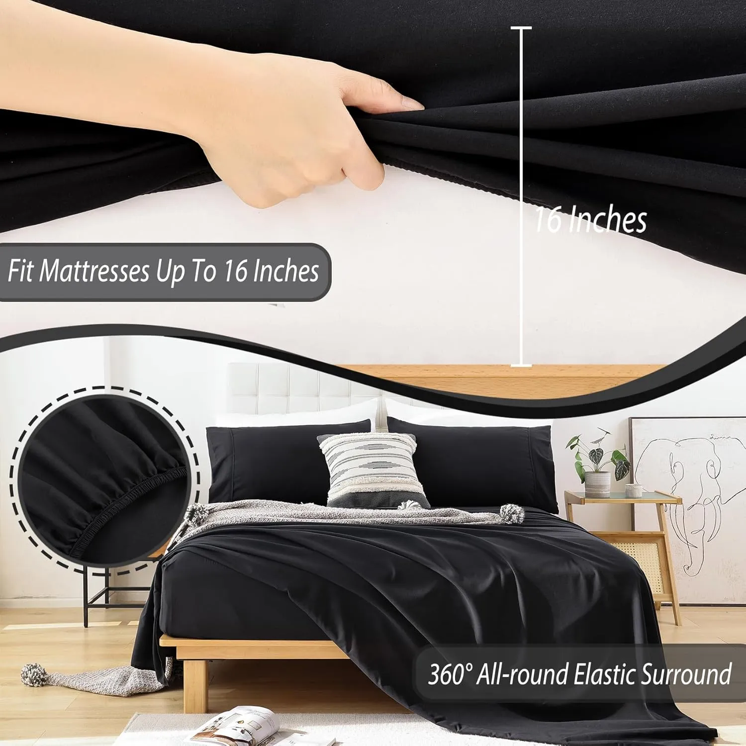 Whitney Home Textile Twin Size Sheet Set - Luxury Soft Comfy Bed Sheets, Breathable Cooling Hotel Bedding for Women, Men, Teens, Extra Deep Pocket, Easy-Fit, Oeko-Tex, Wrinkle Free 3 Piece - Black