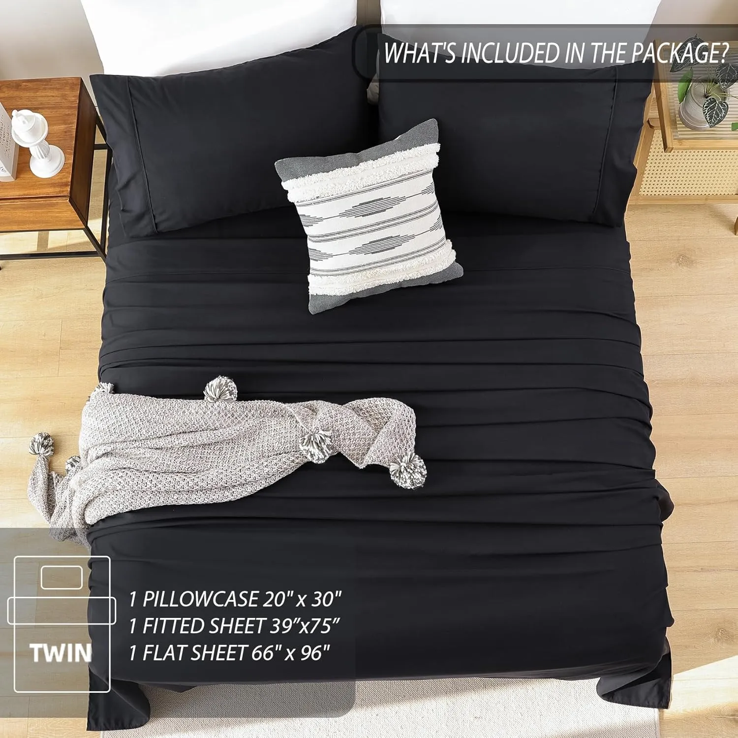 Whitney Home Textile Twin Size Sheet Set - Luxury Soft Comfy Bed Sheets, Breathable Cooling Hotel Bedding for Women, Men, Teens, Extra Deep Pocket, Easy-Fit, Oeko-Tex, Wrinkle Free 3 Piece - Black
