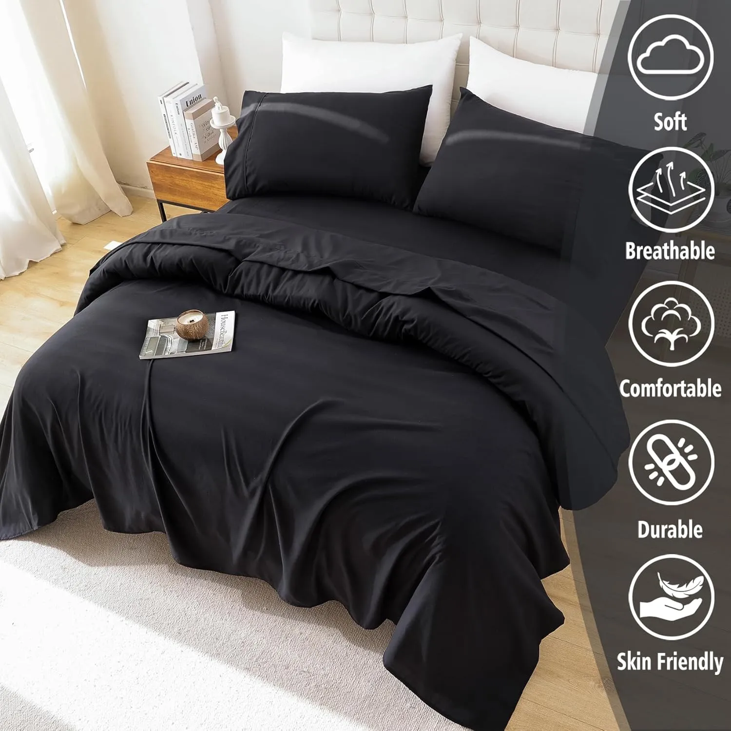 Whitney Home Textile Twin Size Sheet Set - Luxury Soft Comfy Bed Sheets, Breathable Cooling Hotel Bedding for Women, Men, Teens, Extra Deep Pocket, Easy-Fit, Oeko-Tex, Wrinkle Free 3 Piece - Black
