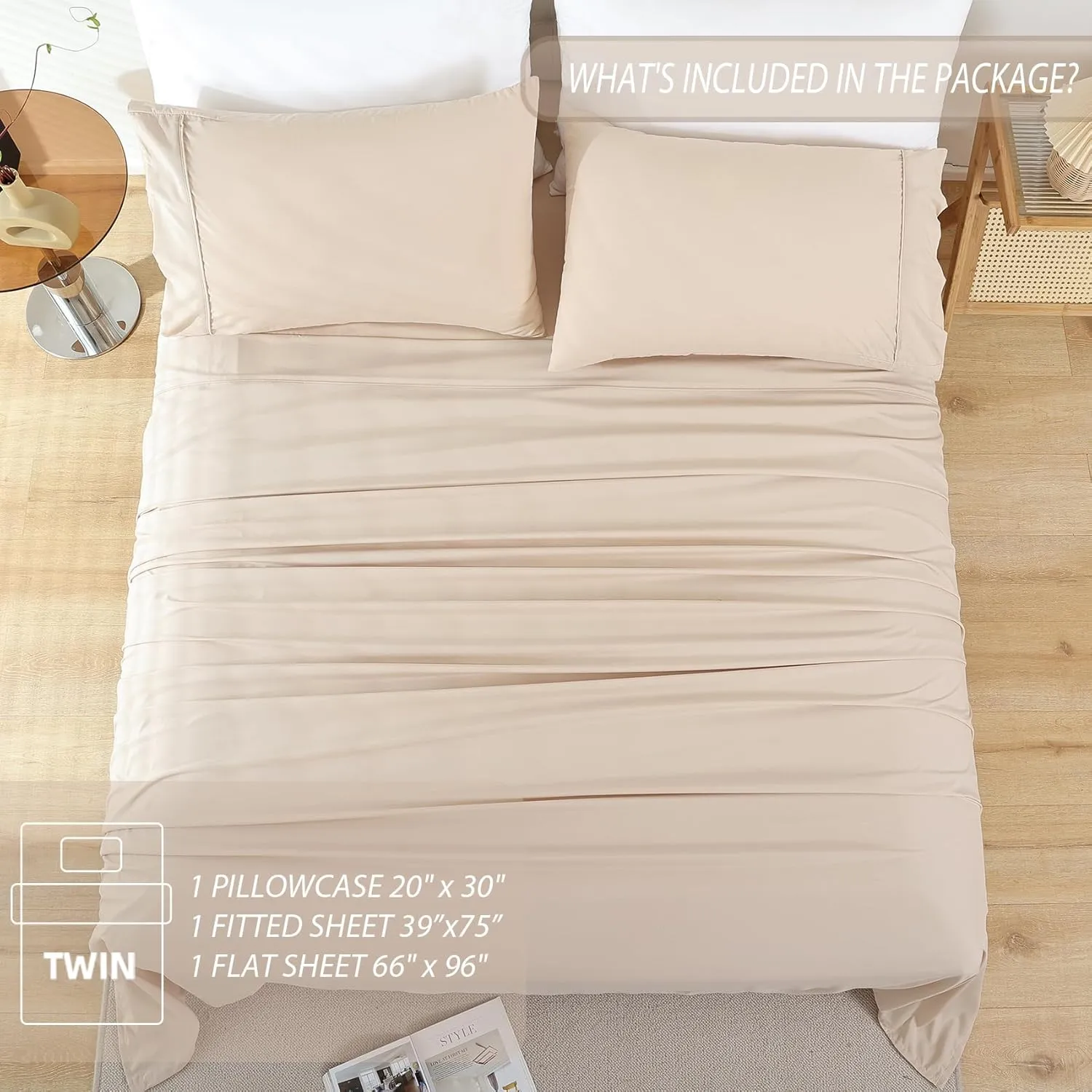 Whitney Home Textile Twin Size Sheet Set - Luxury Soft Comfy Bed Sheets, Breathable Cooling Hotel Bedding for Women, Men, Teens, Extra Deep Pocket, Easy-Fit, Oeko-Tex, Wrinkle Free 3 Piece - Cream