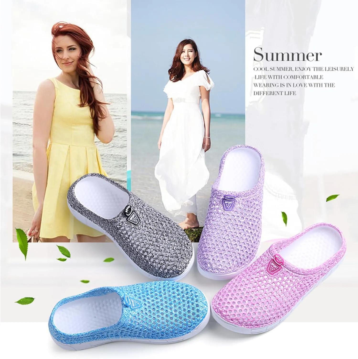 Women Garden Clog Shoes Mesh Hole Breathable Slippers Summer Indoor/Outdoor Beach Sandals Shower Footwear Water Shoes
