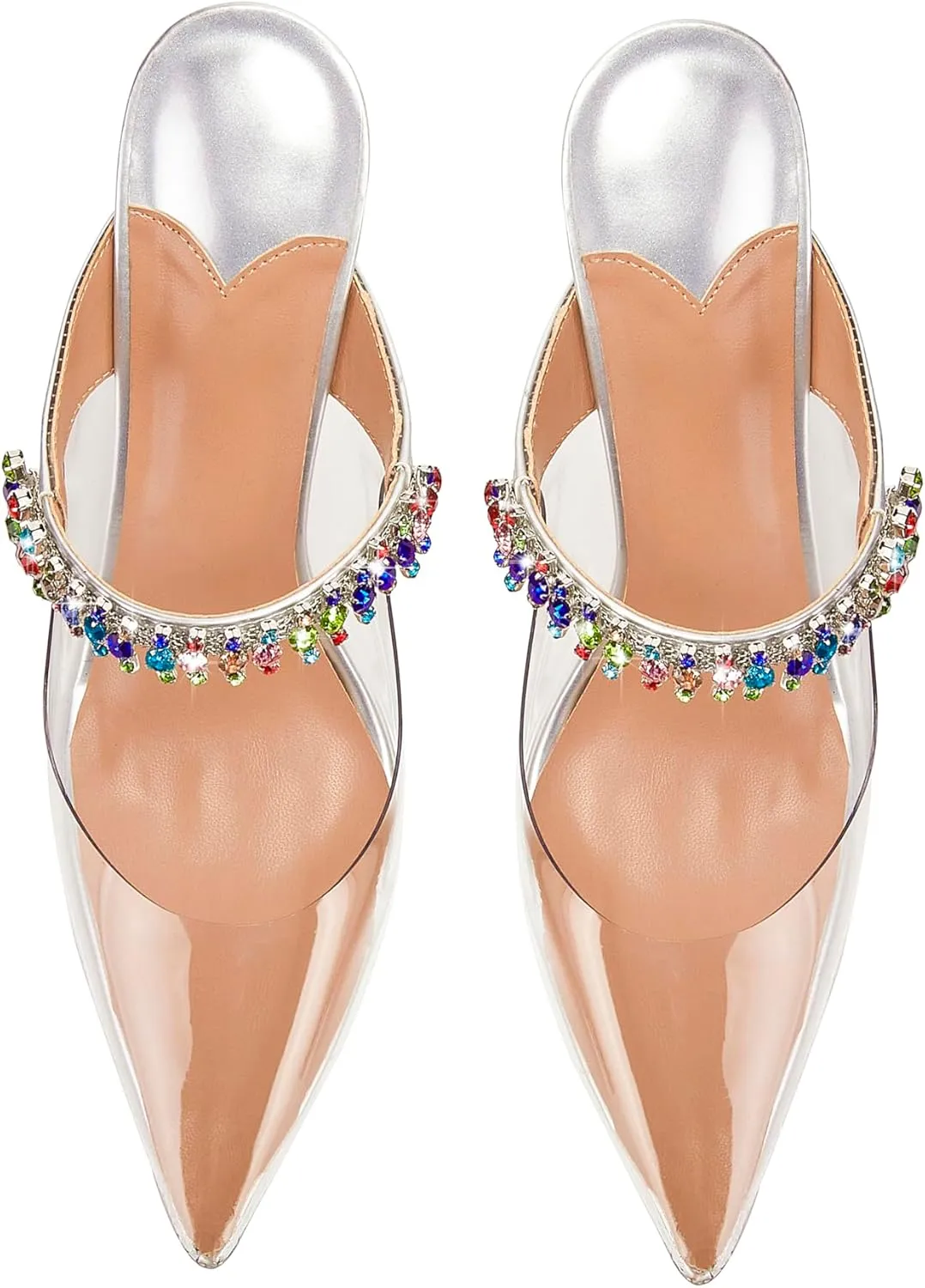 Women Heeled Mules Rhinestone Strappy Clear Heels Pointed Toe Stiletto Slip On Bridal Sandals for Women