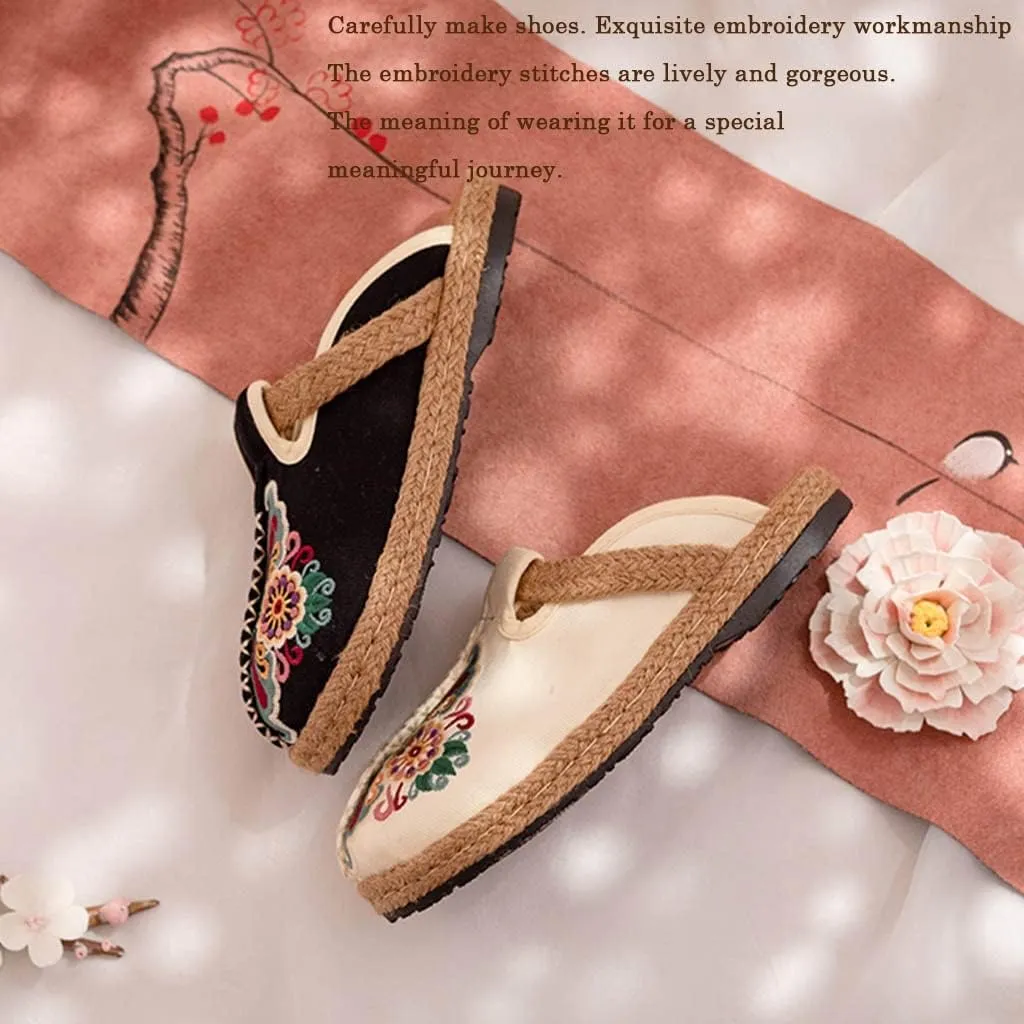 Women's Cotton Mary Jane Shoes,Embroidered Chinese Women's Slippers,Summer Espadrille ls Walking Flat Shoes Garden Clogs House Loafer for Ladies