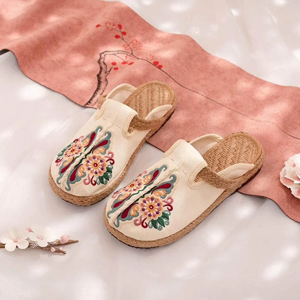 Women's Cotton Mary Jane Shoes,Embroidered Chinese Women's Slippers,Summer Espadrille ls Walking Flat Shoes Garden Clogs House Loafer for Ladies
