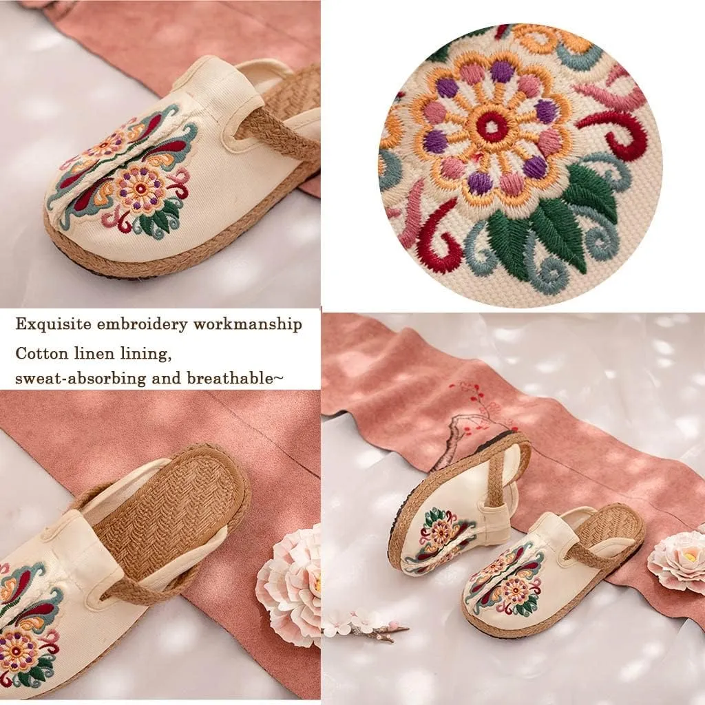 Women's Cotton Mary Jane Shoes,Embroidered Chinese Women's Slippers,Summer Espadrille ls Walking Flat Shoes Garden Clogs House Loafer for Ladies