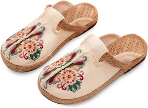 Women's Cotton Mary Jane Shoes,Embroidered Chinese Women's Slippers,Summer Espadrille ls Walking Flat Shoes Garden Clogs House Loafer for Ladies