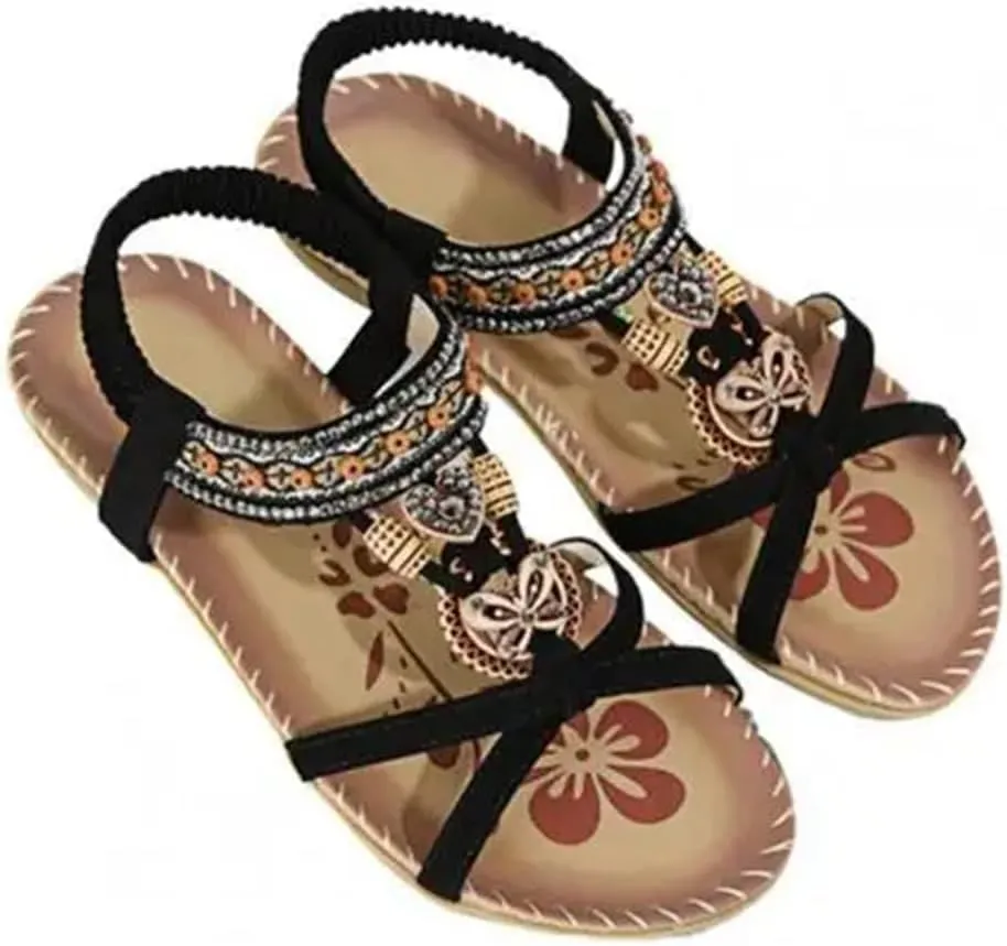 Women's Flower Print Sandals Summer Shoes Elastic Strap Women's Beach Shoes Open Toe Flats