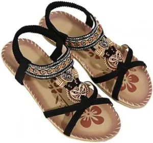 Women's Flower Print Sandals Summer Shoes Elastic Strap Women's Beach Shoes Open Toe Flats