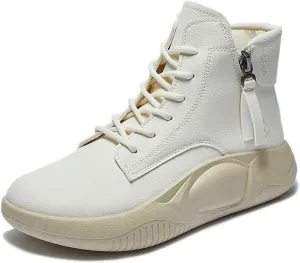 Women's Genuine Leather Lace-Up Platform Sneakers,Ankle High-Top Casual Sneakers, Shock Absorbing Heighten Fashion Running Sneakers