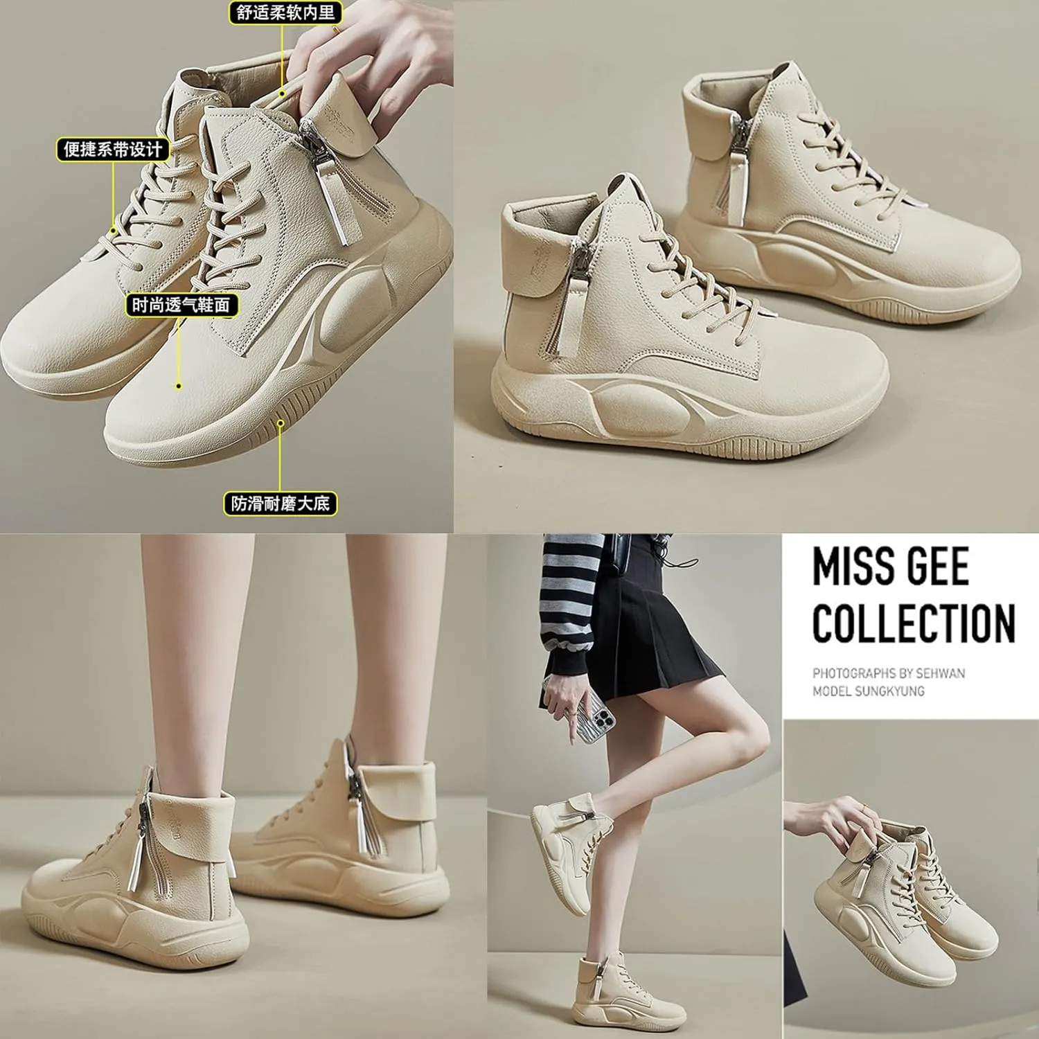 Women's Genuine Leather Lace-Up Platform Sneakers,Ankle High-Top Casual Sneakers, Shock Absorbing Heighten Fashion Running Sneakers