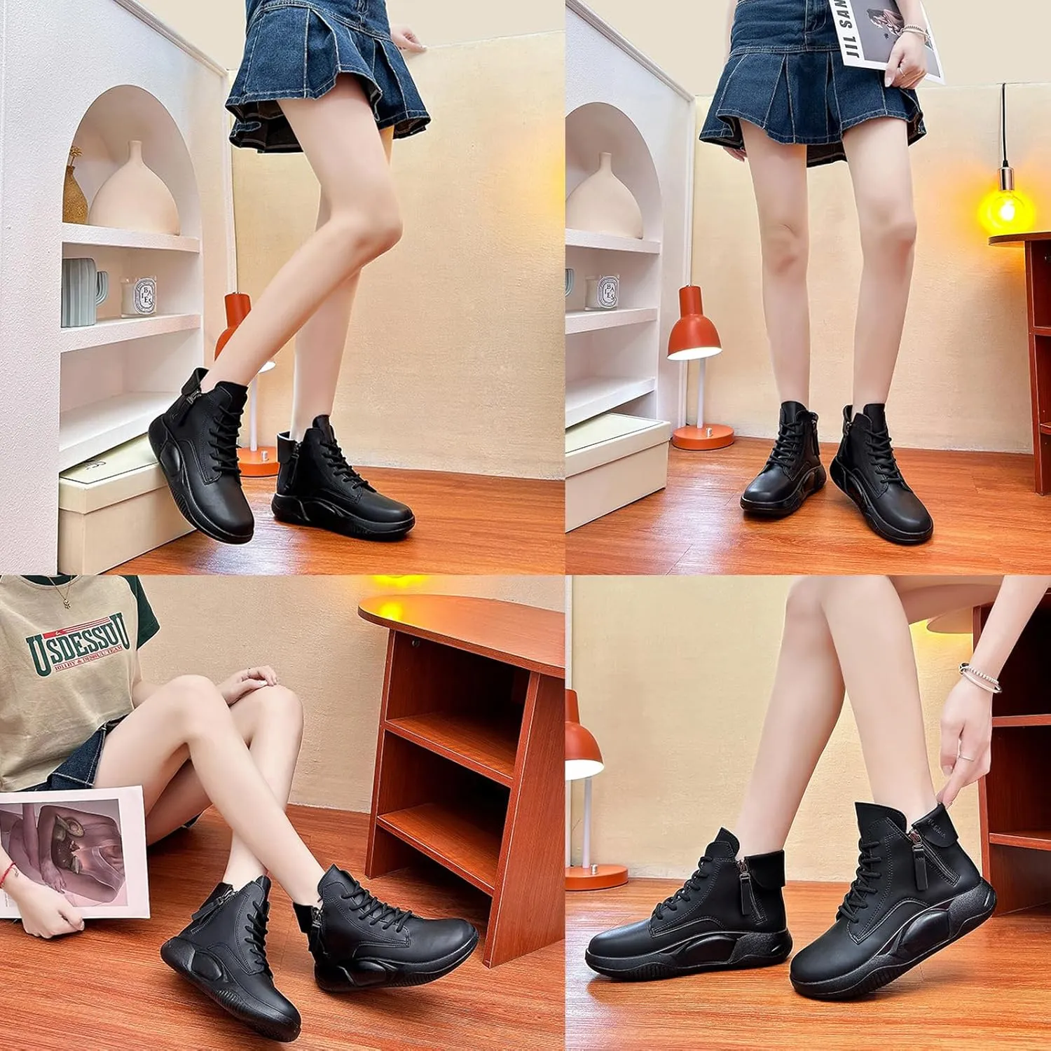Women's Genuine Leather Lace-Up Platform Sneakers,Ankle High-Top Casual Sneakers, Shock Absorbing Heighten Fashion Running Sneakers